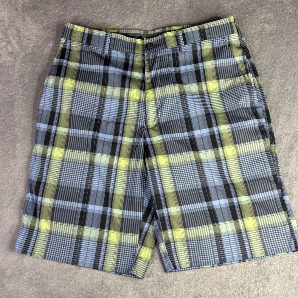 PGA Tour Golf Shorts Men 32 Blue‎ Green Plaid Stretch Performance Activewear